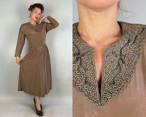 1940s Soutache Sweetheart Dress | Vintage 40s Taupe Brown Rayon Crepe Cocktail Frock with Pewter Cord Swirls and Waist Smocking | Medium