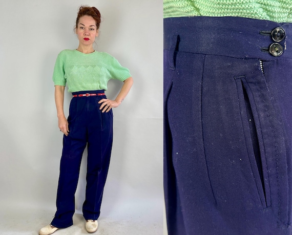 1940s Carefree Cathy Trousers | Vintage 40s Navy Blue Wool Side Zip Slacks Pants with High Waist Pleated Front & Dropped Belt Loops | Medium