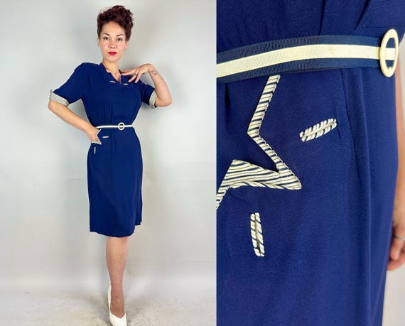 1940s Accentuated Accents Dress | Vintage 40s Navy Rayon Frock with White and Blue Striped Banding and Geometric Notches | Large/Extra Large