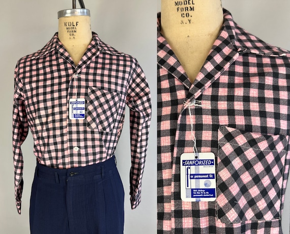 1940s Check This Fit Flannel Shirt | Vintage 40s Deadstock Pink and Black Plaid Top Loop Square Cut Button Up with Tags | Size 15.5 Medium