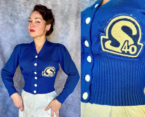 1940s Collegiate Cutie Cardigan | Vintage 40s Blue Wool Knit Letterman Varsity Puff Sleeve Sweater with White 1940 Patch! | XS Small Medium