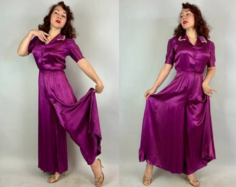 1930s Jazzy Jewel Jumpsuit | Vintage 30s Purple Silk Satin One Piece Zip Front Lingerie Palazzo Lounge Suit with Puff Sleeves | Small