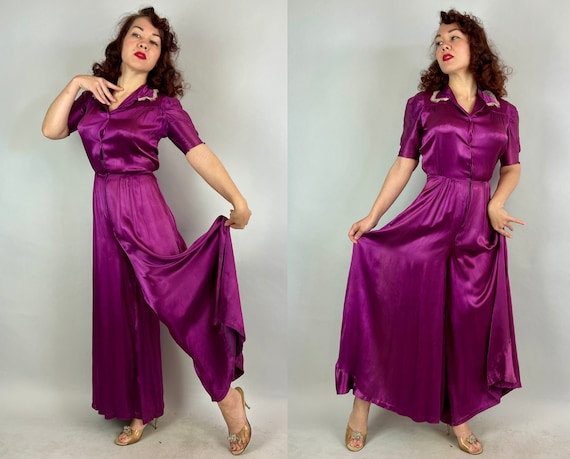 1930s Jazzy Jewel Jumpsuit | Vintage 30s Purple Silk Satin One Piece Zip Front Lingerie Palazzo Lounge Suit with Puff Sleeves | Small