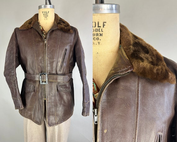 1940s Townsman Leather Jacket | Vintage 40s Brown Sportster Motorcycle Coat with Full Belted Action Back and Mouton Fur Collar | Large