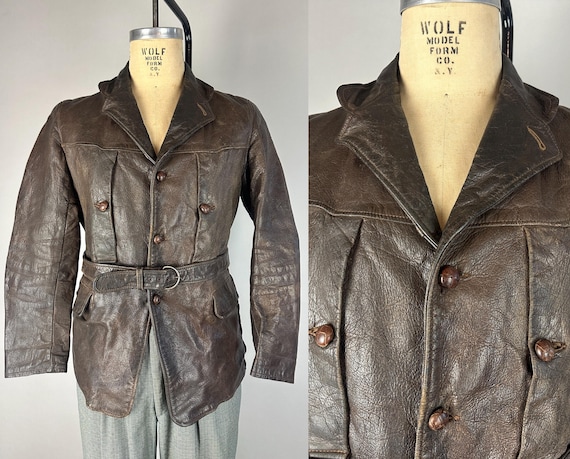 1930s Sportster Leather Jacket | Vintage 30s Brown Sport Tog Motorcycle Coat with Belted Action Back and Removable Full Belt | Medium Large