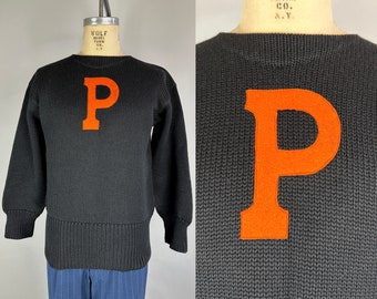 1930s Princeton Perfection Pullover | Vintage 30s 2-Tone Wool Collegiate Sweater Jumper Black w/Orange Felt Patch | Large Extra Large XL