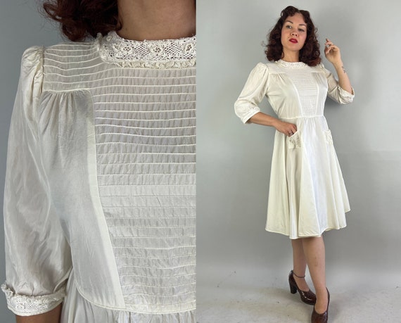 1940s White Wonderland Dress | Vintage 40s Taffeta Button Back Puff Sleeve Frock with Waist Ties and Pockets | Large Extra Large XL