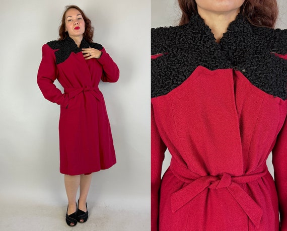 1940s Luscious Lamb Overcoat | Vintage 40s Magenta Wool with Black Curly Sheep Yoke Trim Coat with Padded Shoulders | Small Medium Large