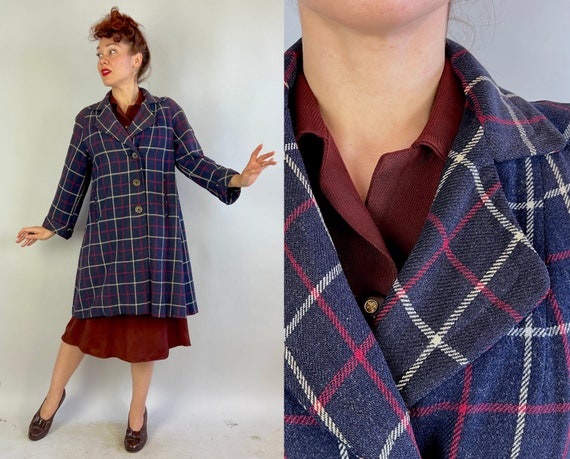 1940s Swinging Sophie Overcoat | Vintage 40s Outdoorsy Wool Swing Coat in Navy Blue Red White Windowpane Plaid Check | Medium