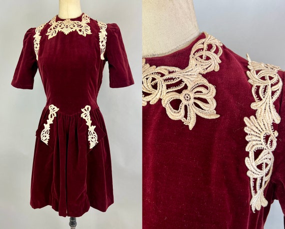 1930s Cutie in Cabernet Dress | Vintage 30s Ruby Red Cotton Velveteen Puff Sleeves Frock with White Lace Accents and Belted Back | Small