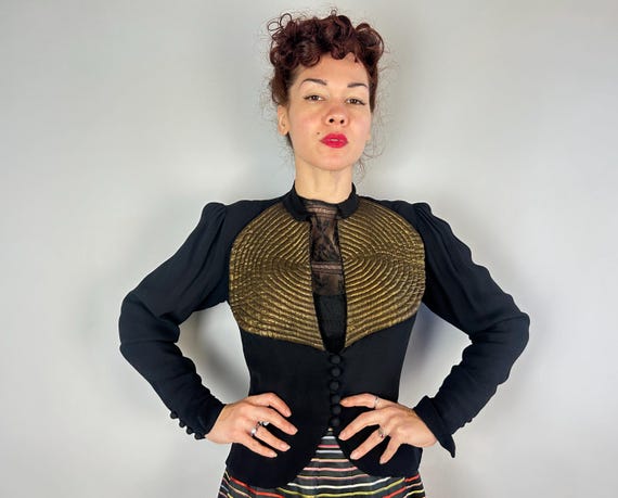 1930s Galactic Golden Girl Jacket | Vintage 30s Black Rayon Crepe Evening Top with Metallic Lamé Radiating Quilted Lapels | Small Medium