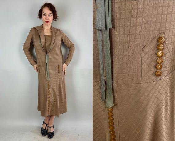 1920s Winnie's Window Wonder Dress | Vintage 20s Taupe Wool w/Tone on Tone Windowpane Check Frock w/Deco Veg Buttons & Belted Back | Medium