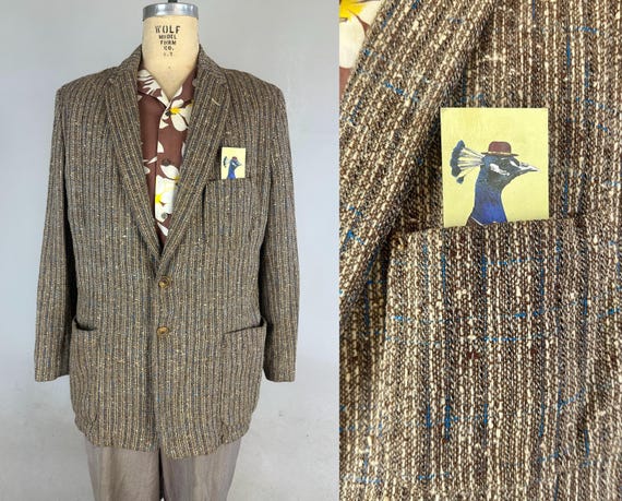 1950s Turn Up the Tweed Sport Coat | Vintage 50s Taupe & Ivory Slubby Wool with Blue and Black Fleck Stripes Jacket | Size 44 Extra Large XL