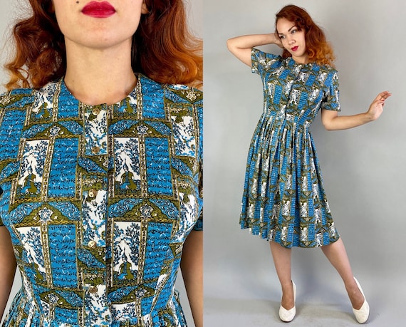 1950s Thai Temptation Dress | Vintage 50s Blue Olive Green & White Thailand Novelty Print Rayon Jersey Shirtwaist Frock with Pleats | Medium