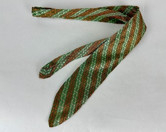 1920s Star Spangled Tie | Vintage Antique 20s Silk Stars Jacquard Paris Arsenic Green and Copper Striped Bias Cut Necktie