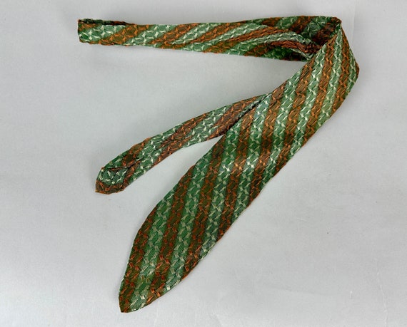 1920s Star Spangled Tie | Vintage Antique 20s Silk Stars Jacquard Paris Arsenic Green and Copper Striped Bias Cut Necktie
