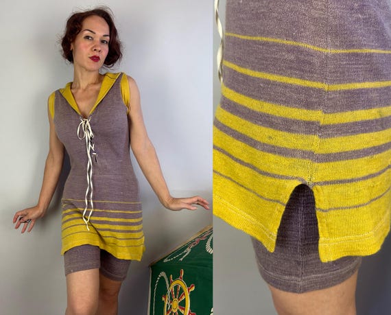 1910s Sailor's Sunrise Bathing Suit | Vintage Teens Lavender and Yellow Wool Swimsuit with Flap Collar & Corset Lacing | Small Medium Large