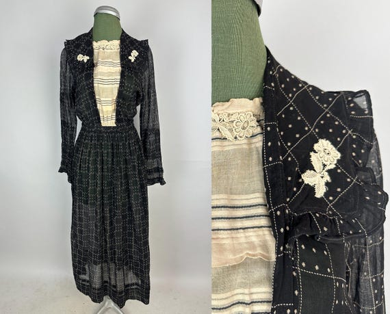 1910s Dazzling Dominoes Dress | Vintage Teens Black and Ivory Windowpane Check Cotton Voile with Dots and Pleated Placket | Extra Small XS