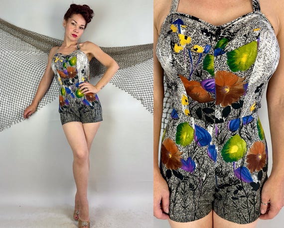 1950s Midsummer Moma Romper | Vintage 50s Black and White Speckled Silhouette & Purple Green + Orange Flowers Cotton Playsuit | Small XS