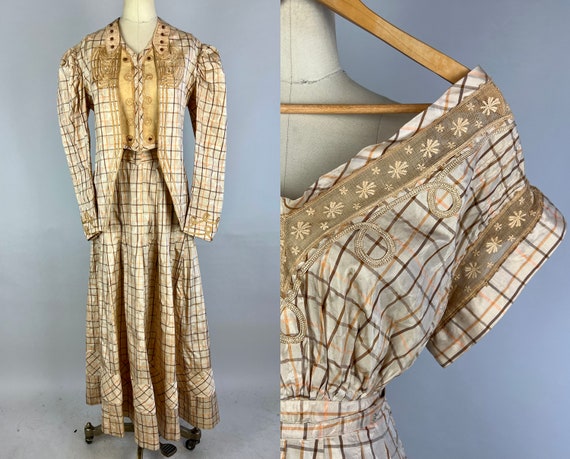 1800s Gay 90's Dress Ensemble | Vintage Antique Victorian Four Piece Silk Plaid Set with Jacket Blouse Belt and Skirt | Extra Small XS