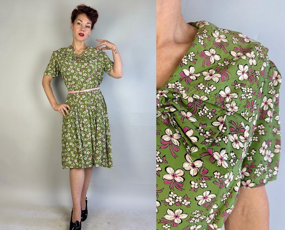 1930s Boutonnieres and Bows Frock | Vintage 30s Moss Green Pink and White Floral Print Rayon Dress with Sailor Flap Collar | Large