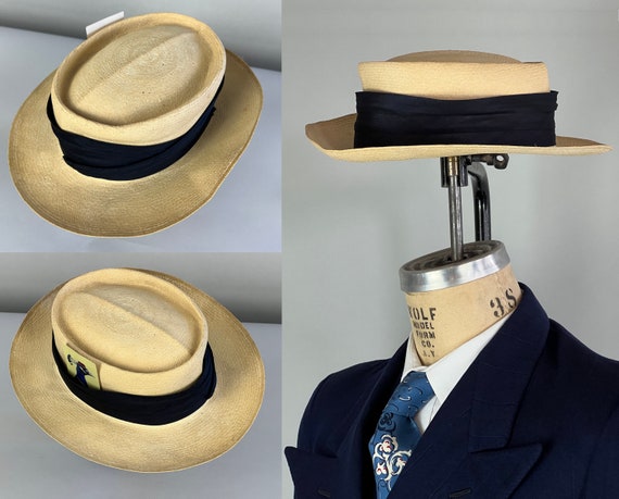 1950s Vacation Ready Panama Hat | Vintage 50s Light Tan Straw Mens Fedora with Wide Black Silk Ribbon | Size 6 7/8 Small