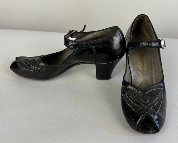 1930s Magnificent Mary Janes | Vintage 30s Black Leather with Low Patent Heel Shoes with Ventilated Accents and Peep Toe | Size US 7