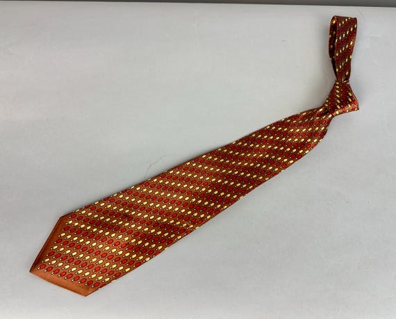 1940s Mushroom Madness Necktie | Vintage 40s Shiny Copper Rayon Satin Wide Cravat Self Tie with Red and Yellow Shroom Print