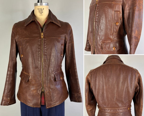 1940s Beautiful Bad Boy Jacket | Vintage 40s Chestnut Brown Leather Motorcycle Jacket with Belted Back & Bi-swing Action Back | Medium/Large