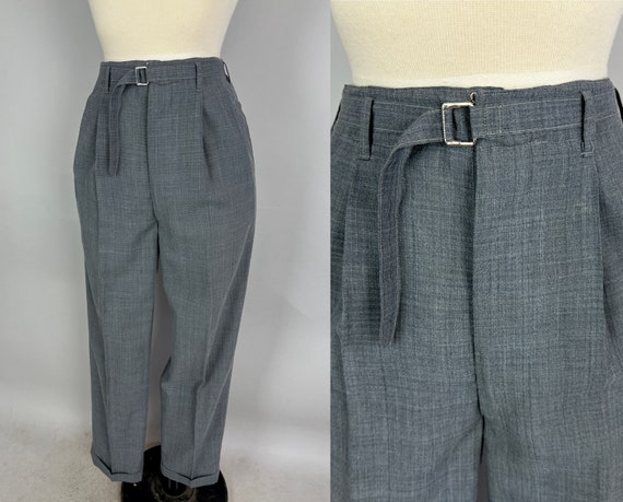 1950s Laid Back Slacks | Vintage 50s Grey on Gray Plaid Summer Weight Wool Pants with Pleated Front and Matching Slide Belt! | Small