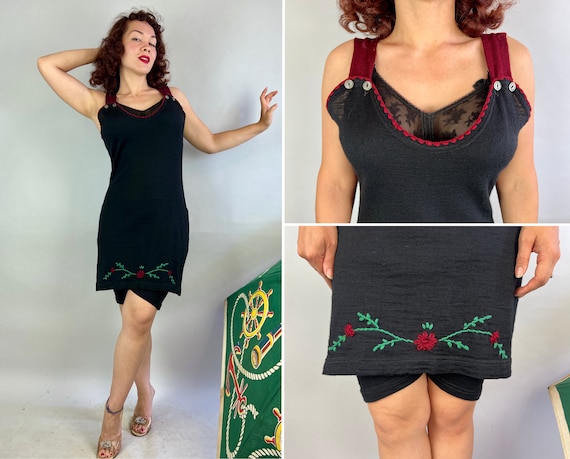 1920s Rose of the Sea Swimsuit | Vintage Antique 20s Black and Red Wool Knit Floral Embroidered Bathing Suit Swimwear | Large Extra Large XL