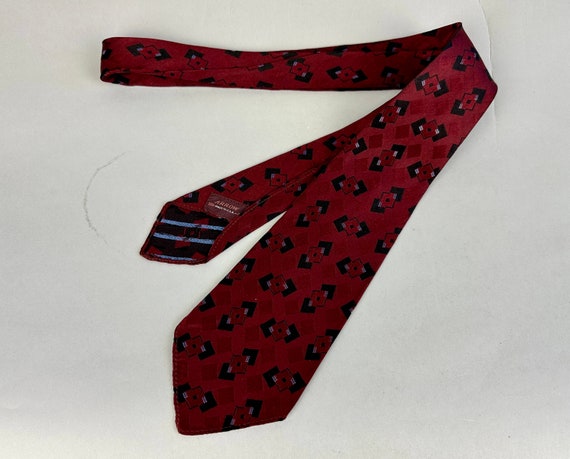1930s Diamonds are Forever Necktie | Vintage 30s Geometric Silk Brocade Self Tie Cravat in Black and Red with Triple Diamonds by Arrow