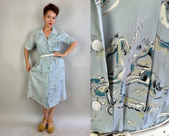 1940s Ride the Painted Pony Frock | Vintage 40s Blue Rayon Novelty Print Button Up Dress with Carousel Horses and Pleated Accents | Large