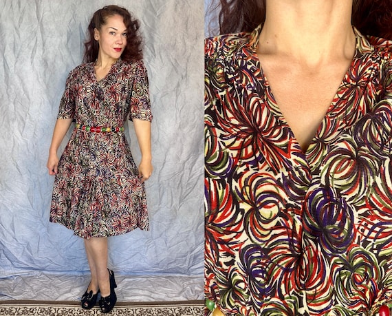 1930s Fireworks & Frippery Frock | Vintage 30s Green Red Yellow Purple and White Rayon Jersey Dress with Smocked Shoulders | Extra Large XL