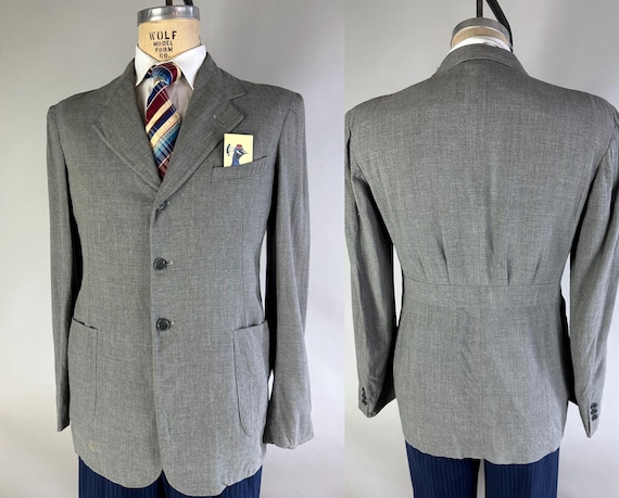 1930s Stone Cold Stunner Belted Back Jacket | Vintage 30s Grey Summer Weight Wool Single Breasted Belt Blazer Sport Coat | Size 40 Medium