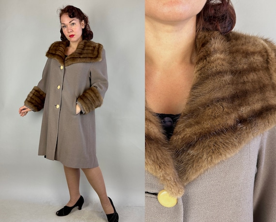 1940s Bundled Up Betty Coat | Vintage 40s Pebble Grey Wool Winter Jacket with Big Taupe Brown Fur Collar and Cuffs | Medium Large