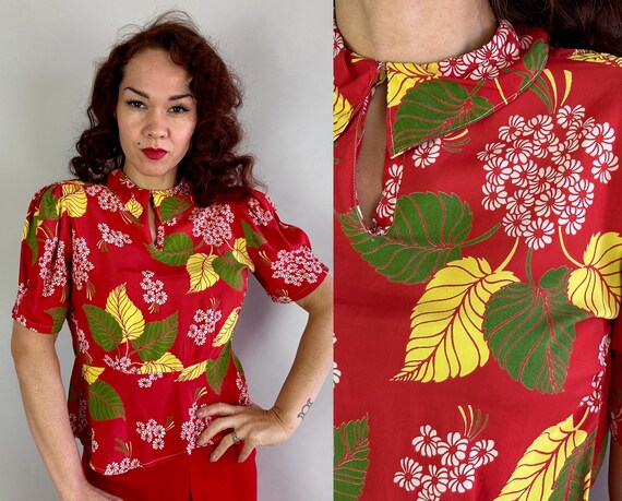 1930s Bountiful Bouquets Blouse | Vintage 30s Red White Yellow and Green Tropical Hawaiian Tiki Floral Rayon Shirt with Puff Sleeves | Small