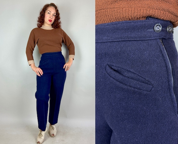 1930s Ski Bunny Togs | Vintage 30s Navy Blue Wool Insulated Lined Winter Snow Pants Trousers with Side Zip and Slant Pockets | Small Medium