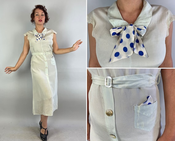 1930s Mint Julep Dress | Vintage 30s Palest Green Silk Summer Frock with Blue Polka Dot Kerchief Belt and Shell Buttons | Small