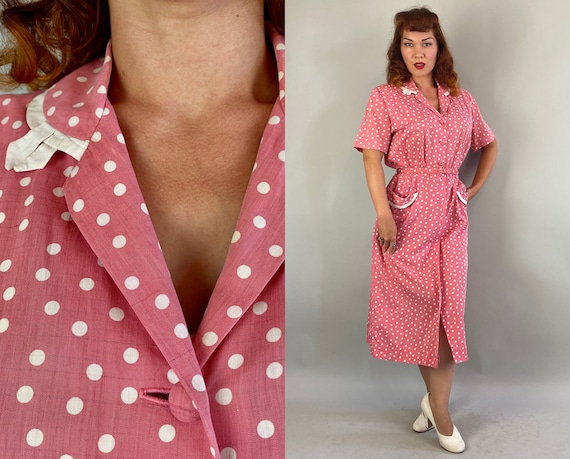 1940s Patty Polka Dots Dress | Vintage 40s Pink and White Polkadot Cotton Button Up Frock with Pockets and Belt | Large Extra Large XL