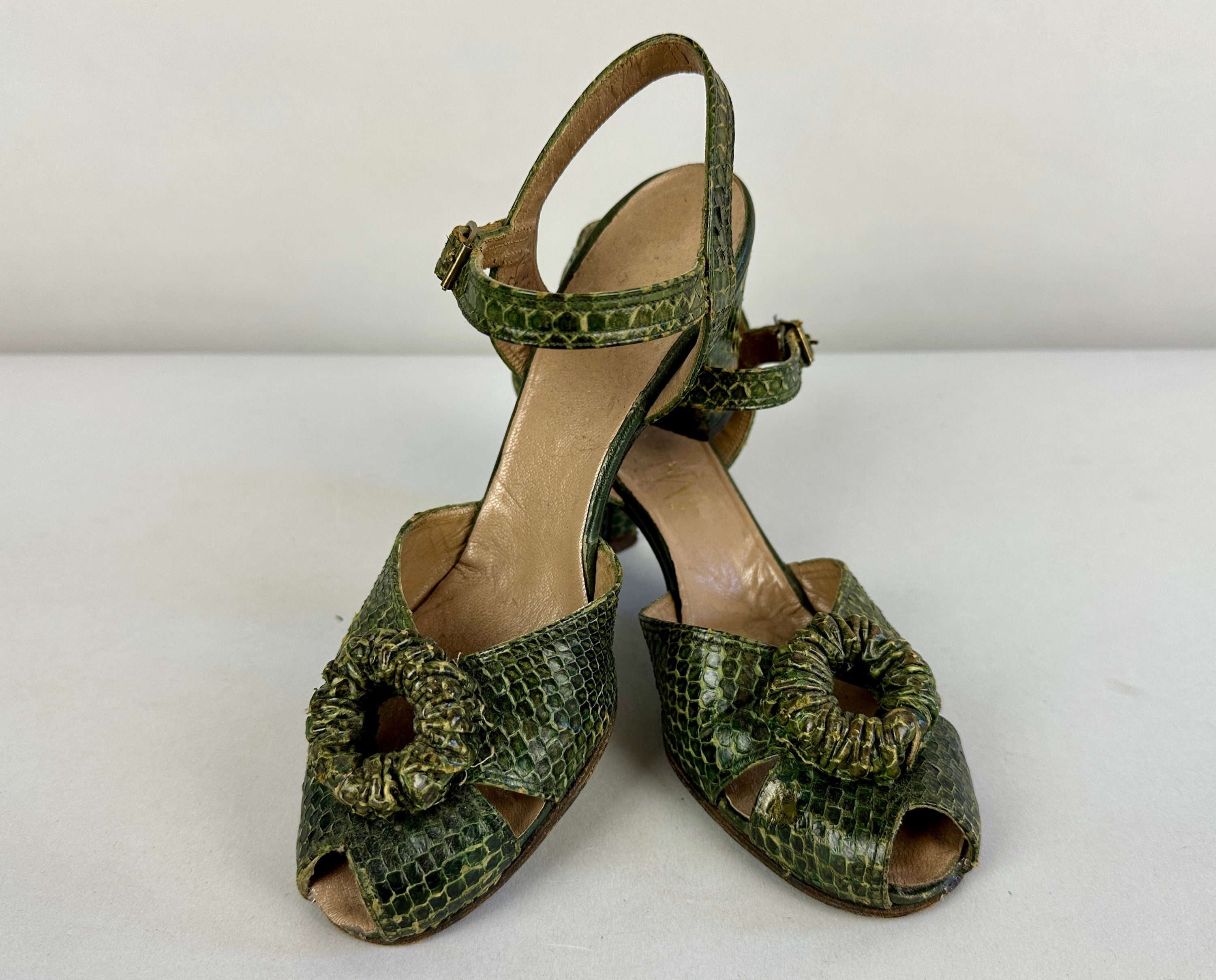 Snakeskin Ankle Strap High Heel Sandals - Green