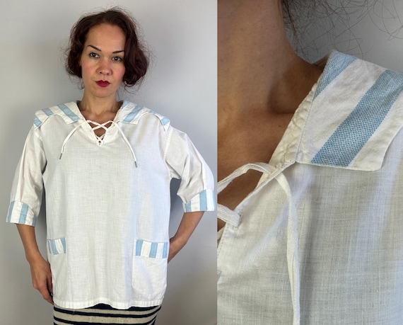 1920s Mitzi's Midi Blouse | Vintage 20s White with Blue Nautical Stripes Shirt Top Coverup with Laced Neckline and Pockets | Medium Large XL
