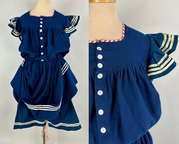 1900s Nautical Nadia's Bathing Costume | Vintage Antique Edwardian Blue Wool White Stripe Swimsuit w/Top Skirt and Bloomers | Extra Small XS