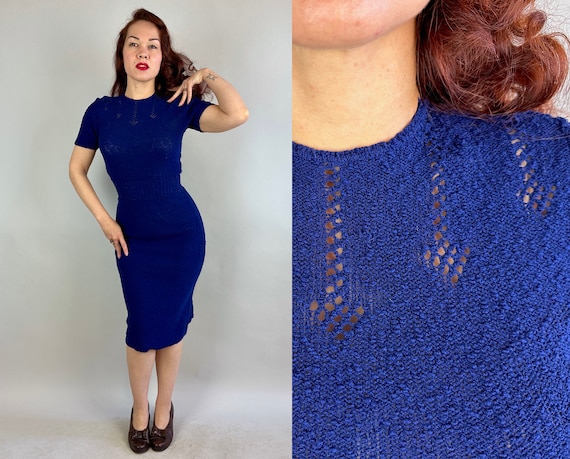 1950s The Right Direction Knit Dress | Vintage 50s Blue Boucle Wool Knit Frock with Arrow Shaped Openwork and Ribbing | Small Medium