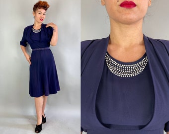 1940s Moonlit Night Dress | Vintage 40s Midnight Blue A-Line Cocktail Frock with Rhinestones and Studs by "Classic lady" | Large