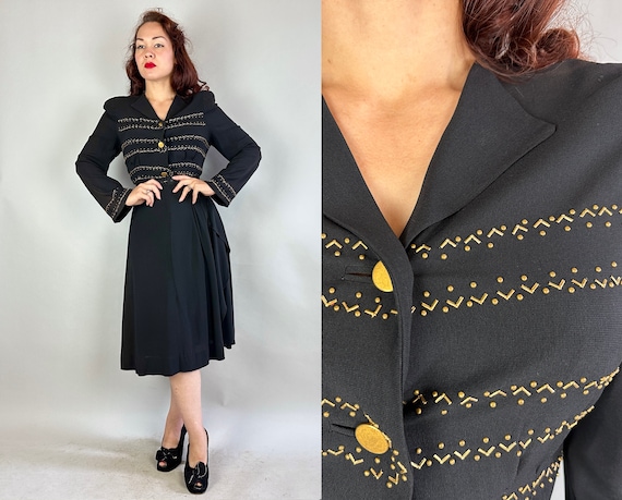 1940s Gilded and Beguiling Dress | Vintage 40s Black Rayon Crepe Cocktail Frock with Gold Toned Studs and Buttons and Hip Swag | Small