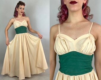 1930s Sway with Me Gown | Vintage 30s Ivory Rayon Taffeta Dress w/Emerald Green Color Block & Gathered Bust By New York Creations | Small/XS
