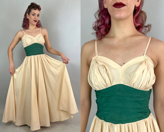 1930s Sway with Me Gown | Vintage 30s Ivory Rayon Taffeta Dress w/Emerald Green Color Block & Gathered Bust By New York Creations | Small/XS