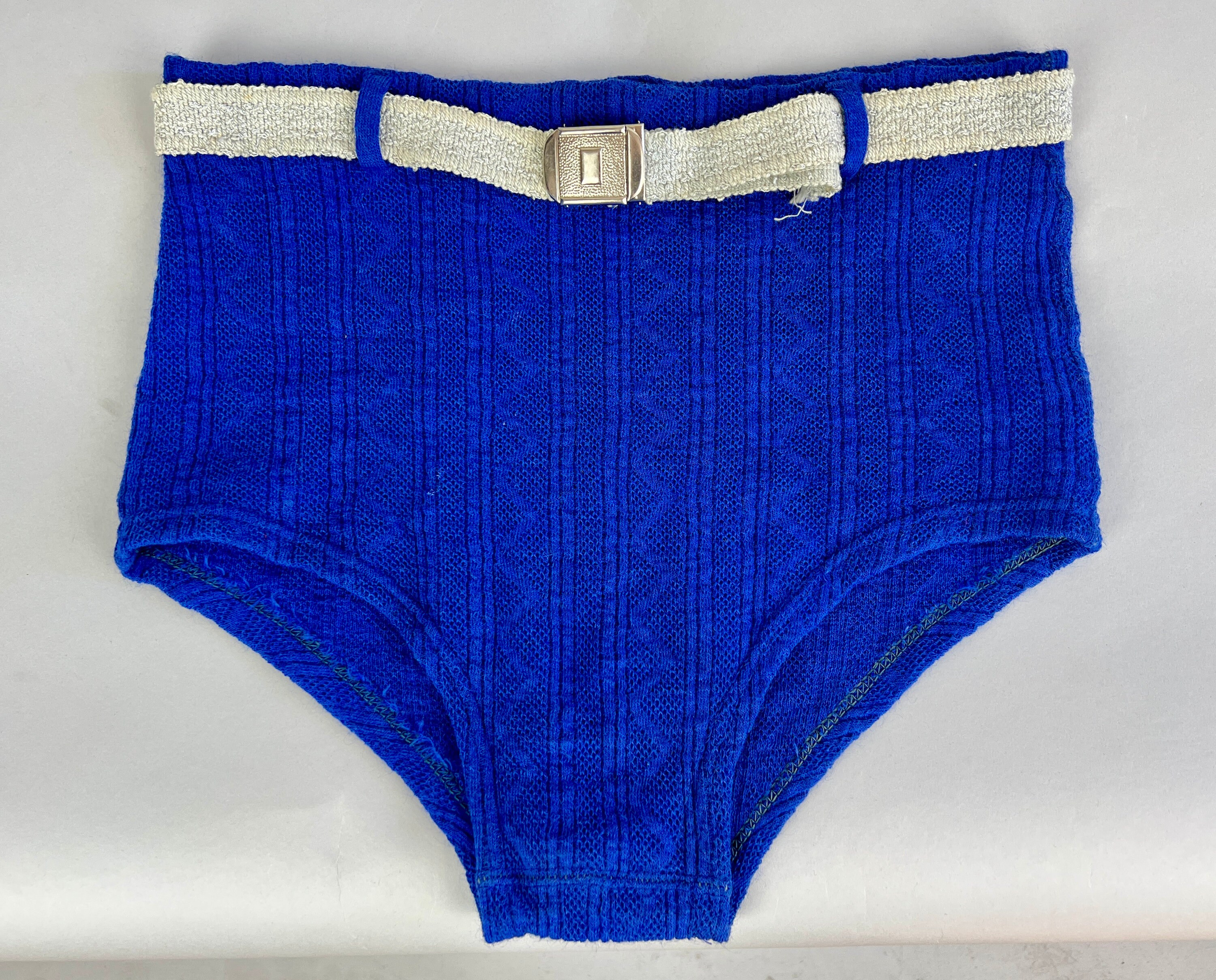 1930s Boardwalk Beefcake Swim Trunks Vintage 30s Blue Zig Zag Wool Knit Bathing Suit Swimwear