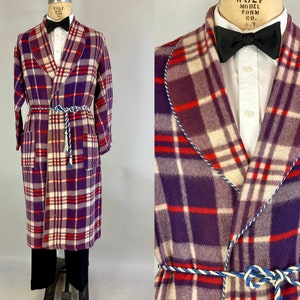 1920s Cozy Cabin Robe | Vintage 20s Purple White and Red Plaid Flannel Lounge Jacket with Blue & White Rope Trim and Belt | Medium Large XL